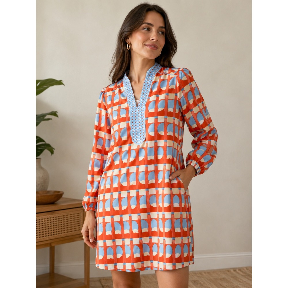 J.McLaughlin Women's Medium Emer‎ Dress Eclipse Orange Blue Shift Catalina Cloth - Picture 12 of 14